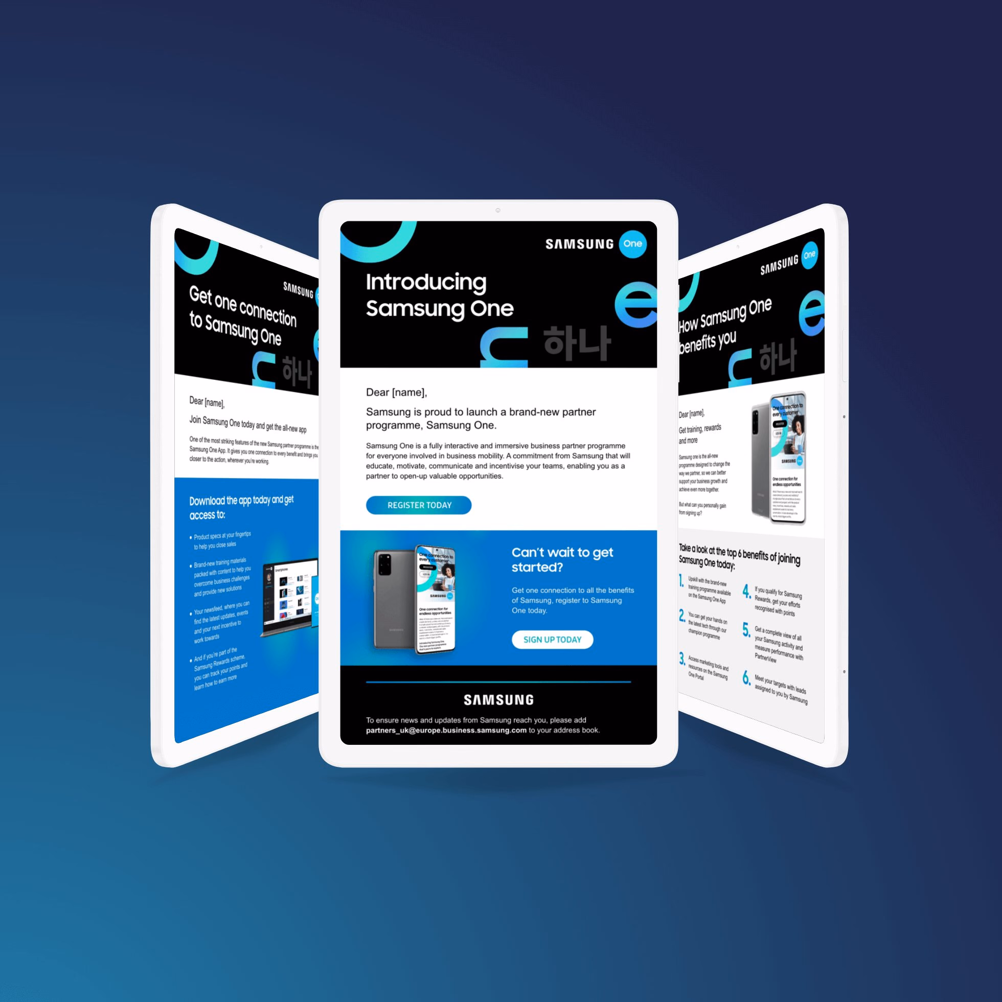 Samsung One digital partner platform across desktop, tablet, and mobile