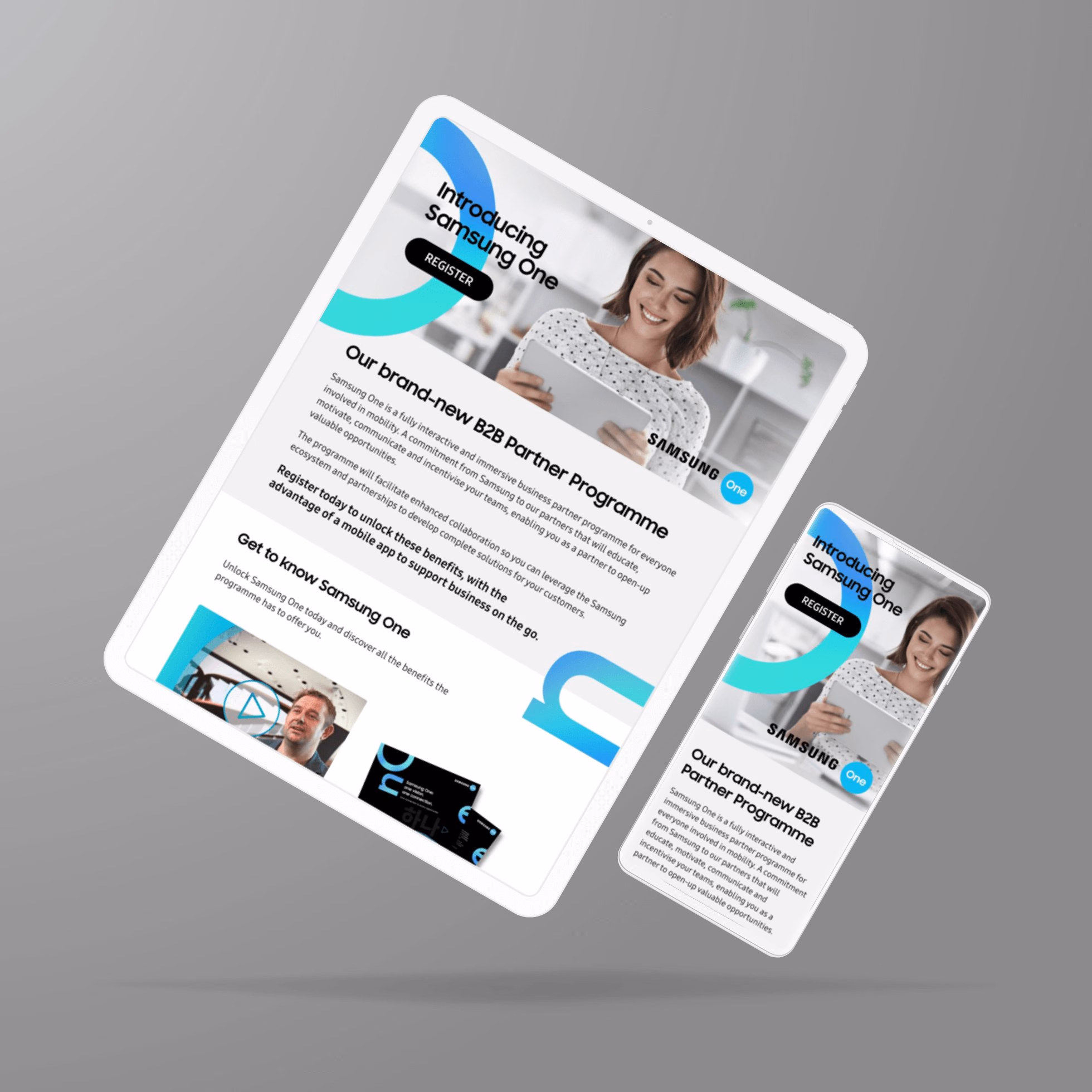 Samsung One partner content displayed across desktop and mobile